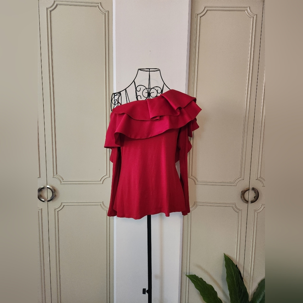 Vince Camuto Red Ruffle Asymmetrical Blouse, Romantic